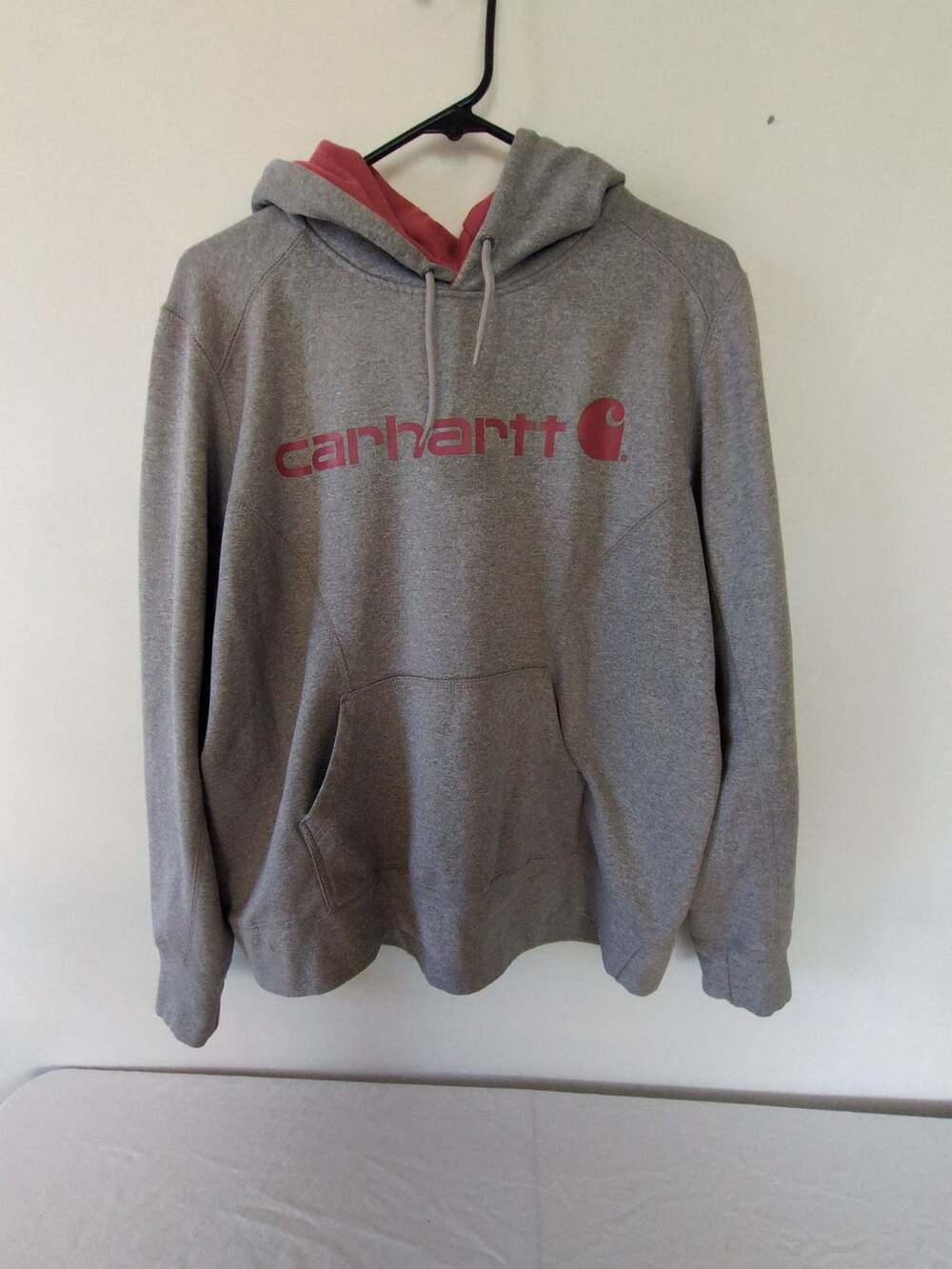 Carhartt Gray Hoodie Sweatshirt with Pink Logo and Pink Hood Lining